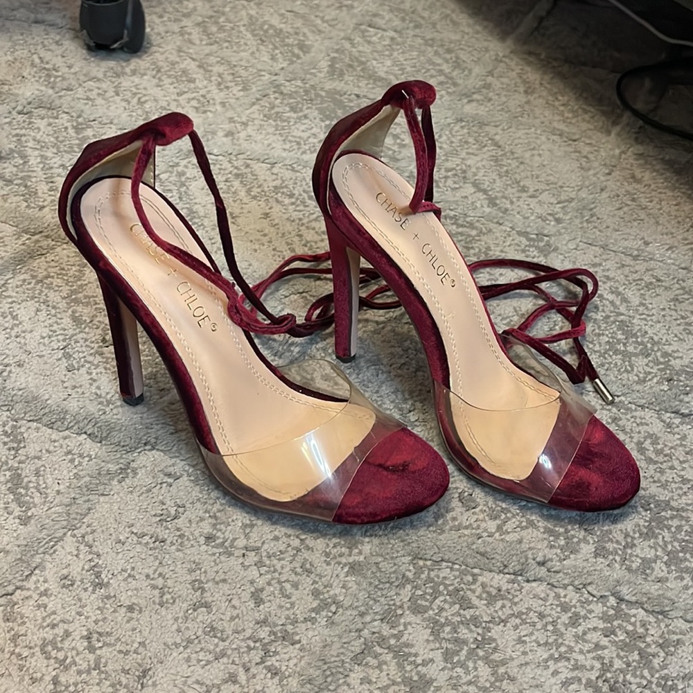 Suede Maroon Clear Strap High Heels